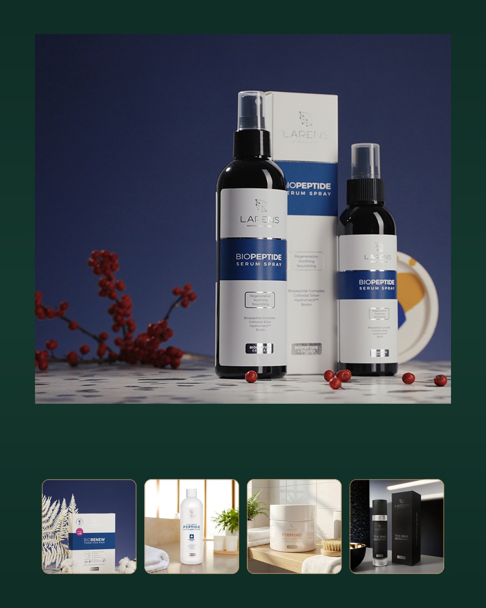 Larens Biopeptide Serum Spray — kosmeceutyki peptydowe z Biopeptide Complex na granatowym tle